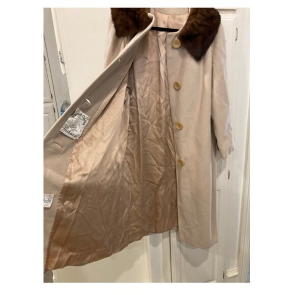 Vintage 100% Cashmere Coat Size Medium Mink Fur Collar MCM 60s 50s 3/4 Sleeves - Picture 10 of 13